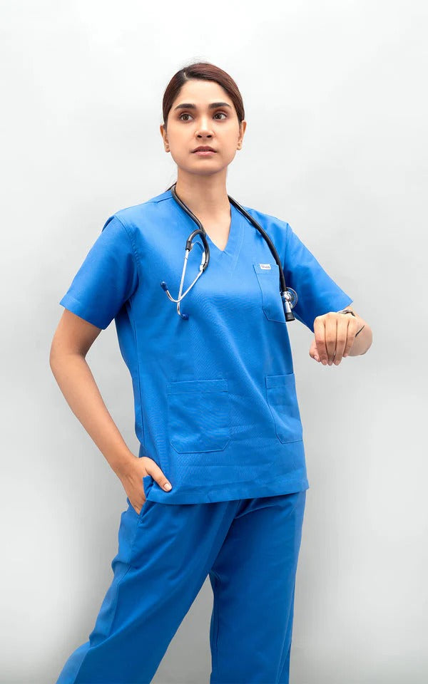 Classic Women's 6-Pocket Blue Scrub Suit